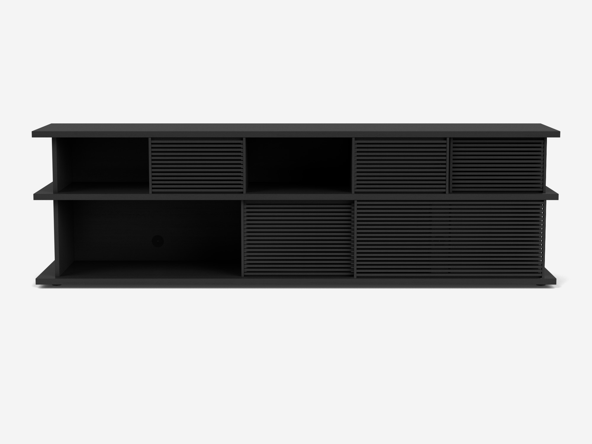 Front view of the Plank tall modern media console in black oak with slats